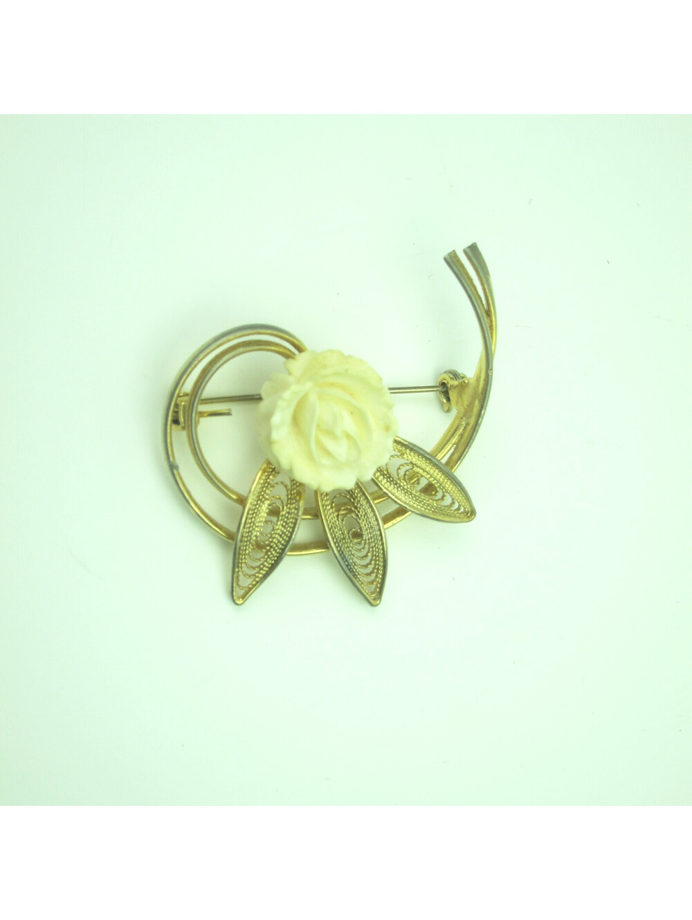 Vintage Rose Flower Pin Brooch Gold Tone Open Work Leaves Ivory 1.7" Mid-Century